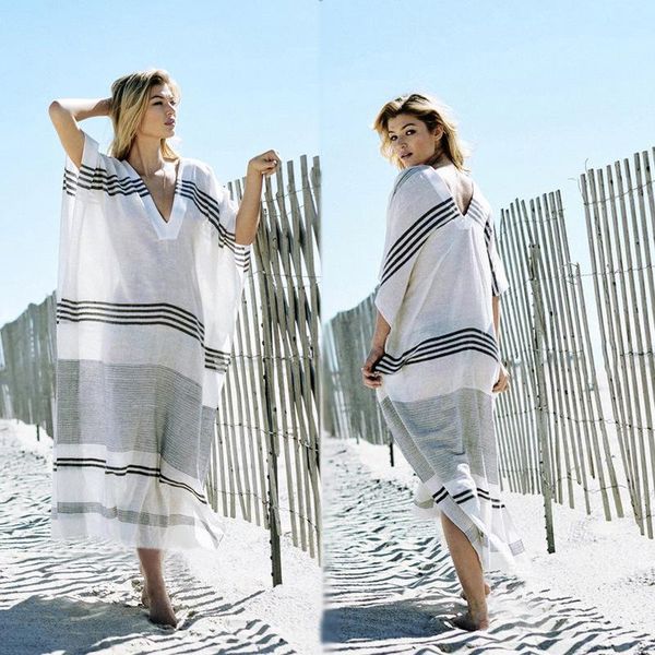

women's swimwear 2021 bat sleeve summer rayon stripe v-neck loose beach waist bohemian skirt blouse dress, White;black