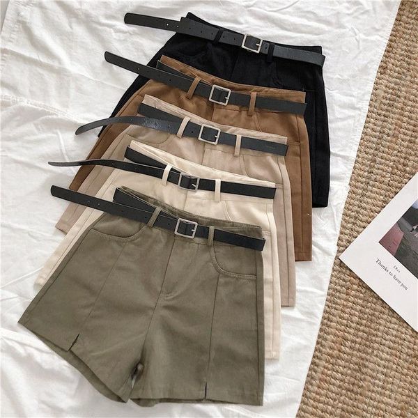 

women's shorts 2021women summer slit wide leg casual korean female commute solid color high waist overalls 2xl shorts[send belt], White;black