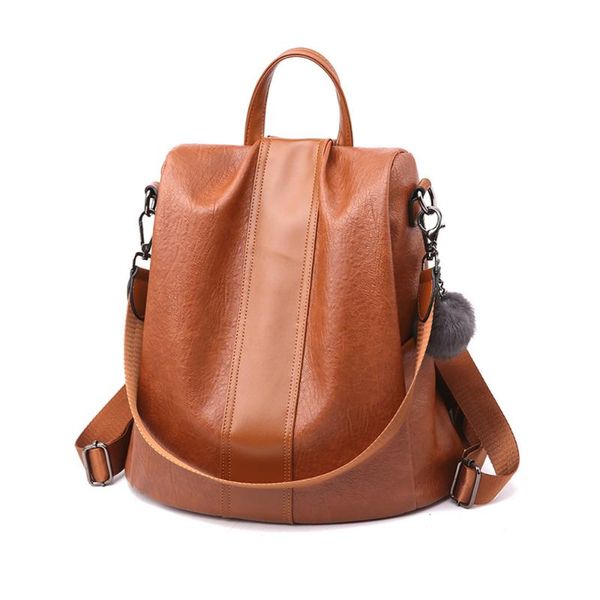 

outdoor bags quality leather anti-thief women backpack large capacity hair ball school bag for teenager girls vintage female travel sac