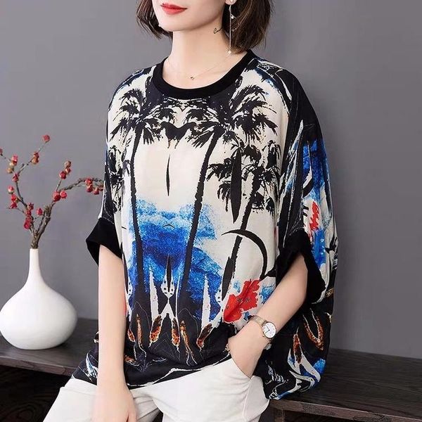 

women's blouses & shirts large size loose short sleeve chiffon shirt female round neck ethnic style printed color matching blouse pullo, White