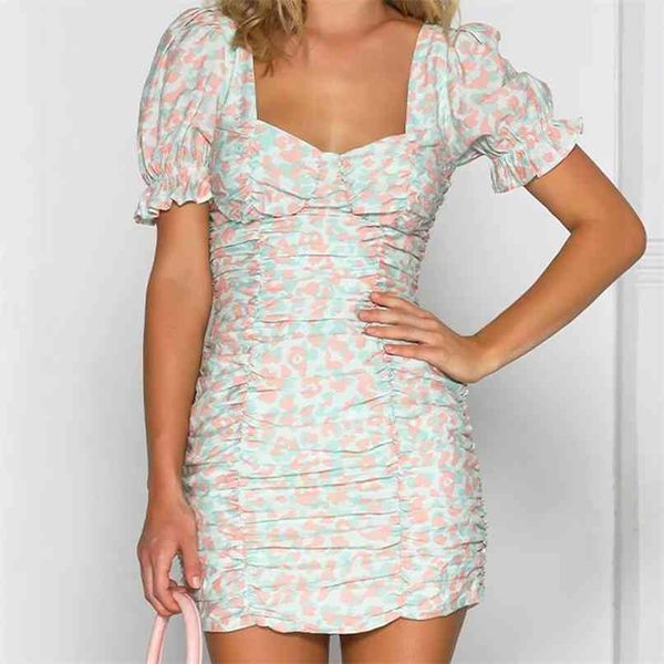 

women elegant floral print summer dress vintage square neck puff sleeve ruched mini bodycon slim streetwear vestidos 210603, Black;gray