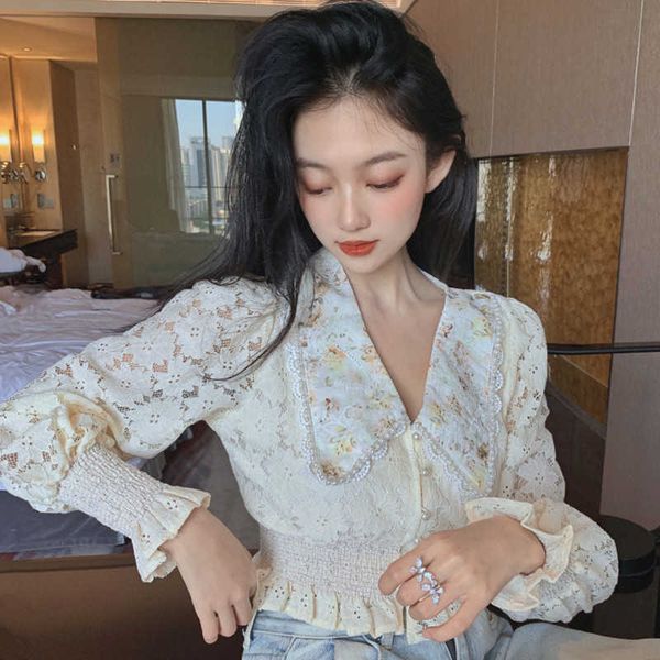 

women's knits & tees vintage button up sleeve crop lace ladies autumn pearl beading peter pan collar embroidery floral blouse, White
