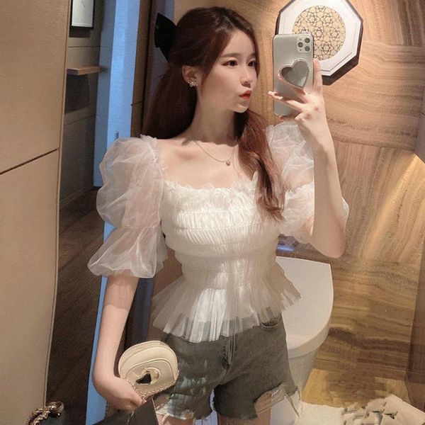 

2021 summer women square collar puff sleeve basic ruffles chic shirt lady short elastic slim mesh gauze chiffon blouse, White