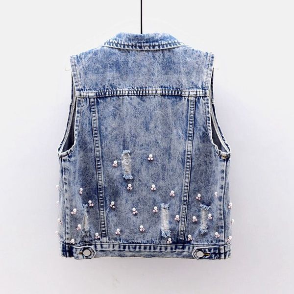 

plus size beading applique flowers denim women vintage waistcoat frayed sleeveless jacket female short student jeans vest v0aa, Black;white
