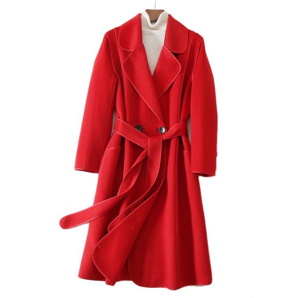 

women's wool & blends shuchan trench coat for women belted blend england style adjustable waist double breasted turn-down collar, Black