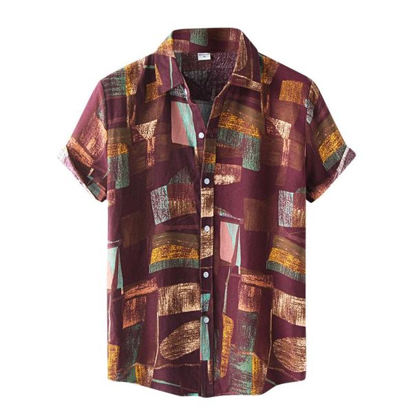 

men's casual shirts plus size beach hawaiian mens blouse geometry print short sleeve button turn-down collar shirt chemise, White;black