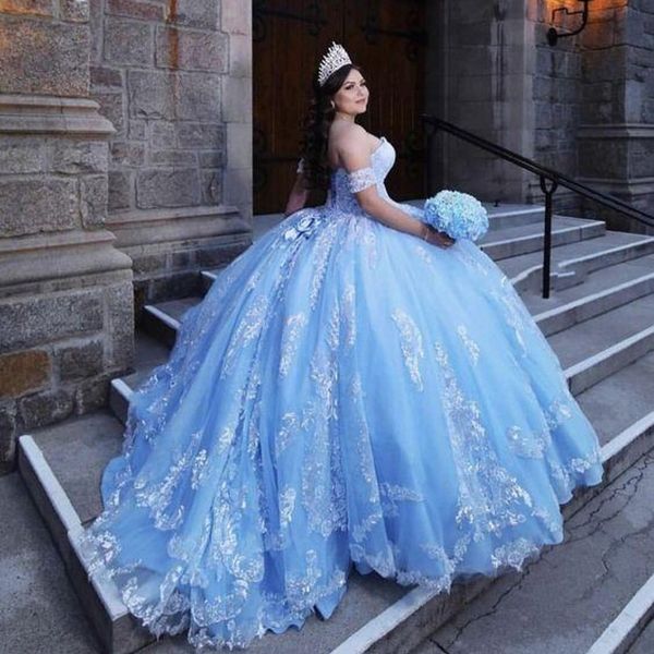 Himmelblaues Ballkleid Quinceanera-Kleider Schatz-Schnür-Abschlussballkleider Tüllrock Süßes 15-Maskenkleid