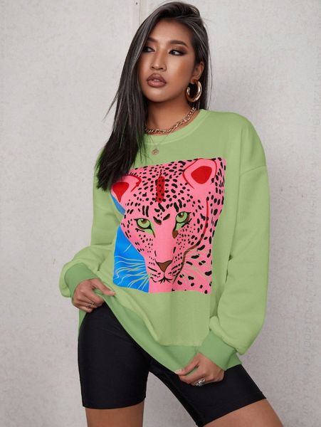 

leopard print drop shoulder sweatshirt j8rr#, White;black