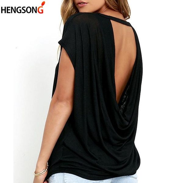 

women's t-shirt women casual backless short sleeve tshirt summer loose o-neck tees black white open back t shirt