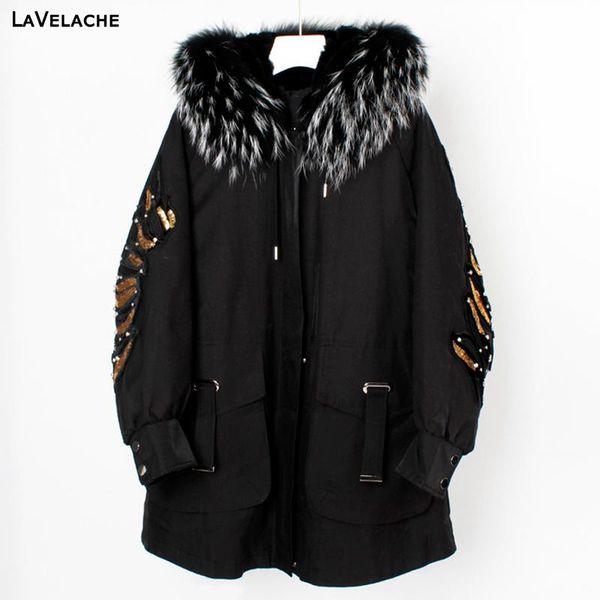 

lavelache new winter coat women real fur jacket long natural raccoon fur collar liner thick warm outerwear streetwear, Black