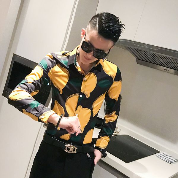 

new venda quente novos homens camisas manga longa moda fruit print magro ajuste clube noite baile vestido blusa pr x5yv, Black;brown