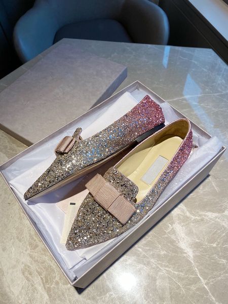 

point-headed dress shoes, women's shallow mouth, flat loafer, early spring bow knot, sequins go with everything, Black