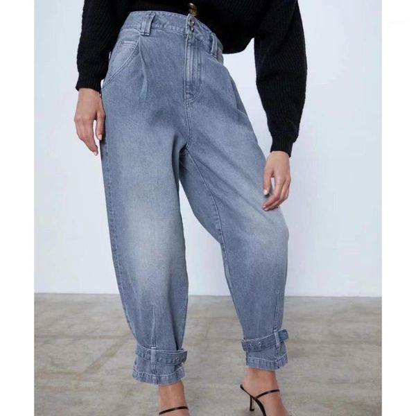 

2020 women basic jeans high waist jeans fashion belt zipper pockets denim pants female casual wide leg trousers1, Blue
