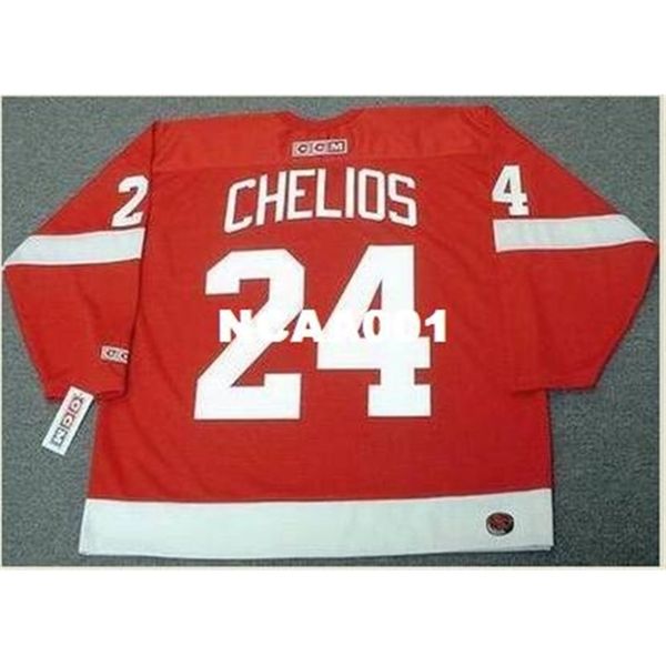 

668 #24 chris chelios detroit red wings 2002 ccm retro away hockey jersey or custom any name or number retro jersey, Black