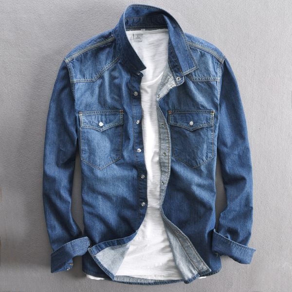 

2021 new 100% algodo denim dos marca de outono para homens long-sleeved camisa azul mens moda camisas casuais masculinos k3hn, White