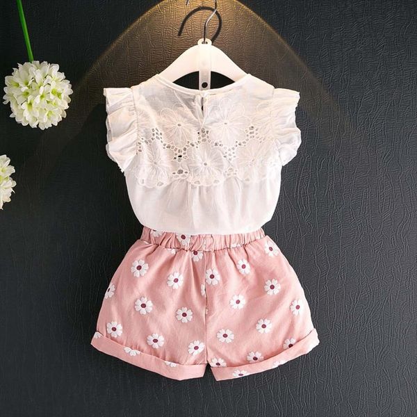 

lace daisy summer children suits for girls cotton fly sleeve printed short outfits toddler baby clothing sets, White