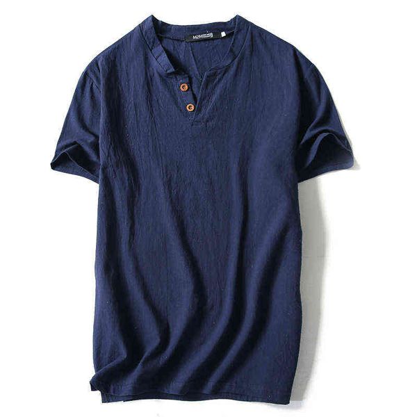 2021 nova marca de verão t-shirt homens manga curta solta respirável algodão linho camiseta masculina moda cor sólida v-pescoço de v tees 9xl g1229