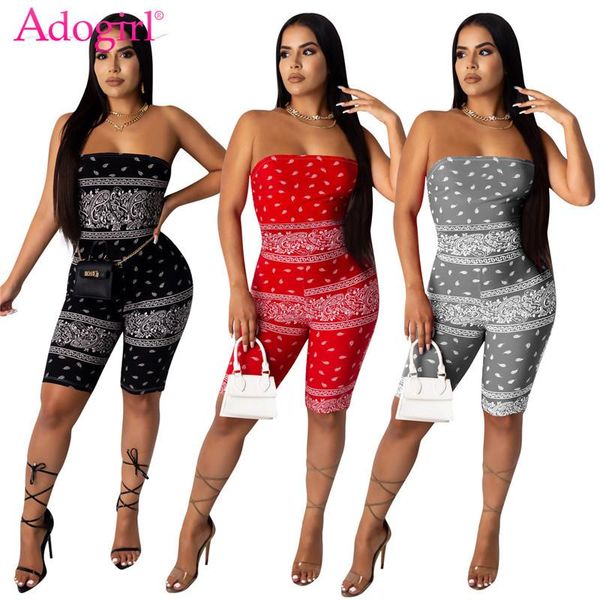 

adogirl fashion print strapless jumpsuit shorts romper skinny playsuit women fitness tracksuit nightclub overalls, Black;white