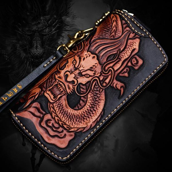 

wallets high-grade handmade carving dragon zipper purses men long clutch vegetable tanned leather wallet card holder, Red;black