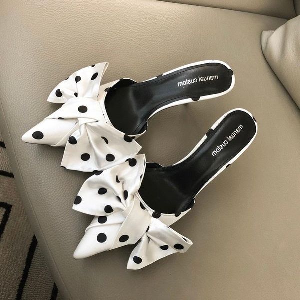 

mezereon polka dot women pumps high heel women shoes fashion bow tie mules casual pointed toe slip on slippers, Black