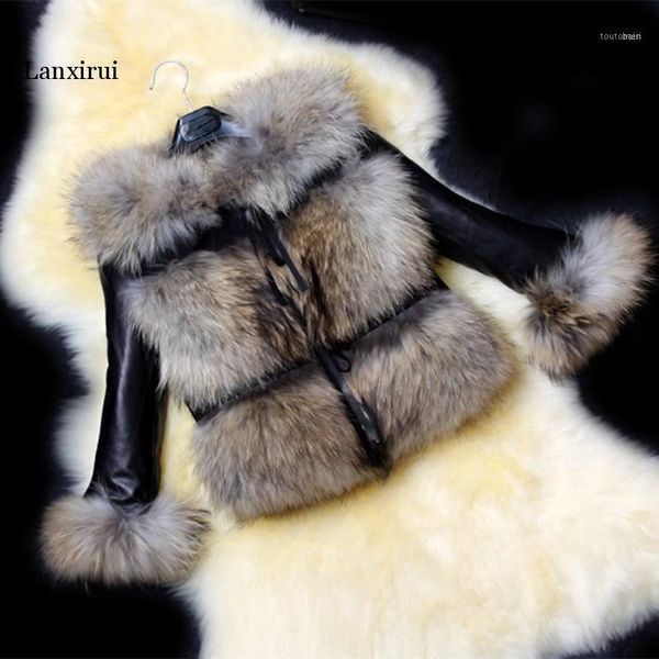 

autumn winter short fur jacket coat leisure pu leather stitched faux ladies temperament overcoat11, Black