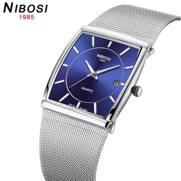 

wristwatches nibosi 2021 square mens watches creative ultra thin for men waterproof auto date relogio, Slivery;brown