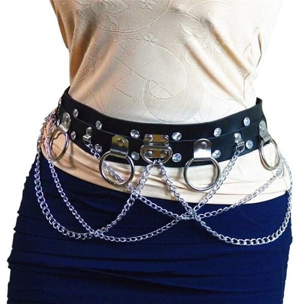

belts handmade leather waist belt harness punk circle chain metal link, Black;brown