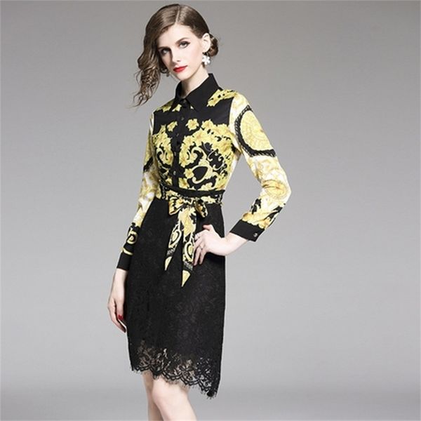 

fashion office lady elegant a-line casual dress vintage print patchwork lace women party dresses 210603, Black;gray