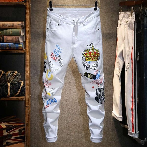 

spring and summer white nine point embroidery jeans men's personalized printing punk style stretch pants cool casualwinter, Blue