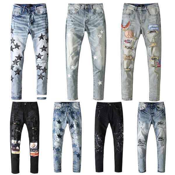 

european and american mens jeans new wash old tie-dye patch water ripple patchwork blue slim fit