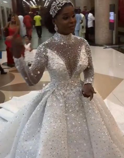 

luxury african 2021 black girls bead crystals high neck bridal es long sleeves flowers wedding gowns new 6ob5, White