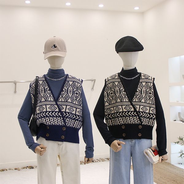 

2021 geometry knitted sleeveless retro britain style reducing loose cardigan wearing western vest sweater autumn ufcu, White;black