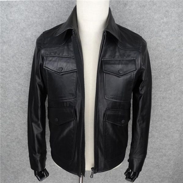 

men's leather & faux business genuine sheepskin mens jacket luxury designer slim turn-down collar male coat black zip veste homme plus
