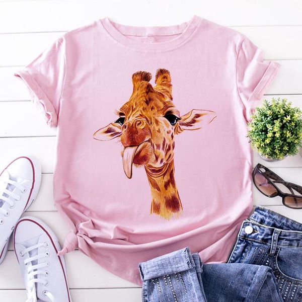 

women's t-shirt giraffe print pink woman tshirts summer harajuku fun cute animal pattern t shirt women casual short sleeve, White