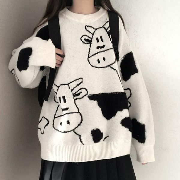 

women's sweaters autumn winter oversized shirts women pullover sweater black yellow white blue cow print knitted turtleneck men, White;black