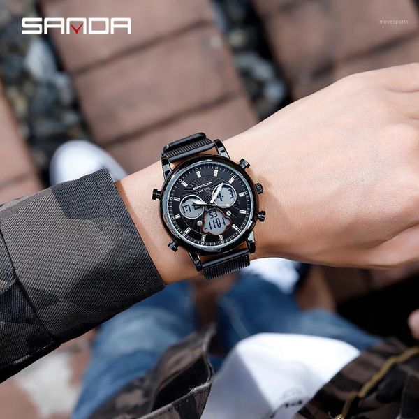 

sport men watches men's mesh belt dual display waterproof digital quartz date clock male wrist watch wristwatches, Slivery;brown