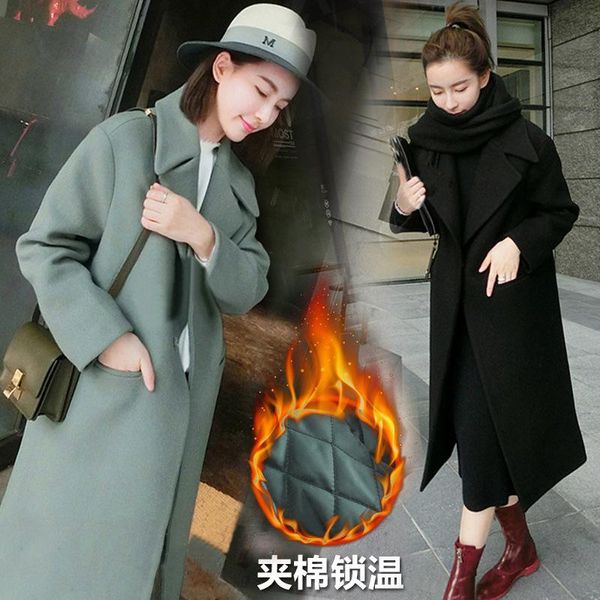 

women's wool & blends office lady long coat slim solid blend and jacket covered button pockets women coats autumn winter, Black