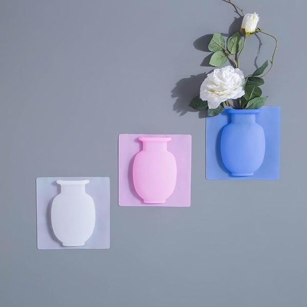 Adesivos de parede Pendurado Silicone Floret Garrafa de borracha de borracha Vaso de recipiente de vaso em vasos de flores de vidro para decoração de escritório em casa