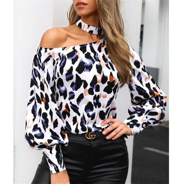 

women's t-shirt 2021 women off shoulder autumn spring long-sleeve halter elegant tees t shirt vintage leopard printed t-shirts, White