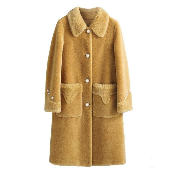 

women's fur & faux women 2021 winter fashion real wool mid-long outwears female warm solid color pockets jacket ladies sheep shearing c, Black