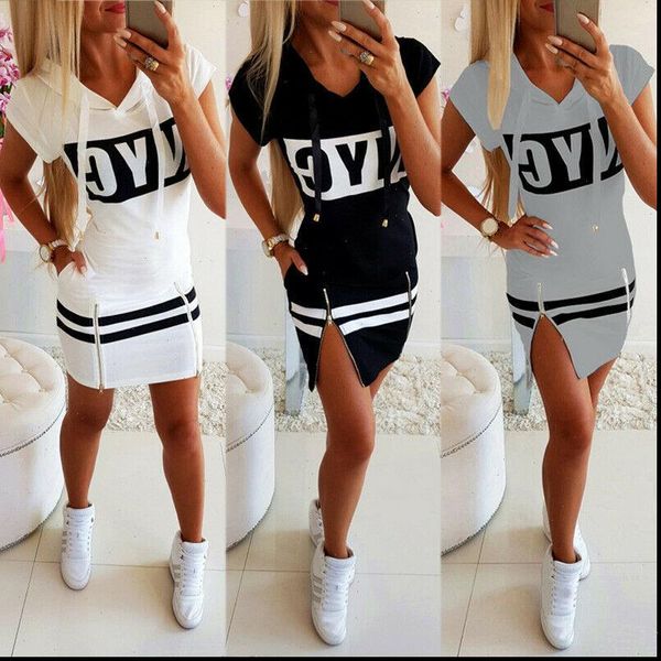 

2021 hooded women summer dress short sleeve letter print zipper hoodies lady dress fashion female thin mini dress white vestidos, Black;gray