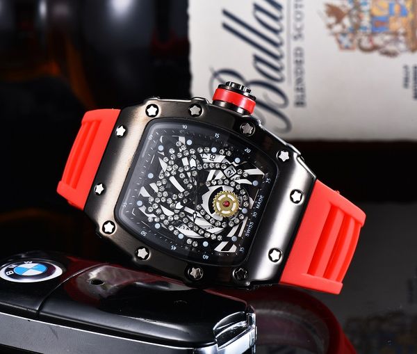 

2021 richa brand three stitches series luxury watches fashion rm mens quartz watch designer rubber strap miller ghost head skeleton calendar, Slivery;brown