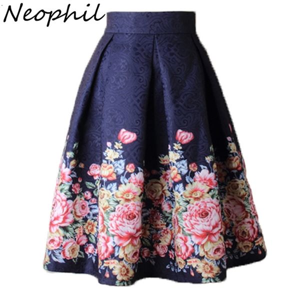 

neophil ladies jacquard flower print pleated ball gown skater midi skirts womens vintage floral high waist saias s1532 210311, Black