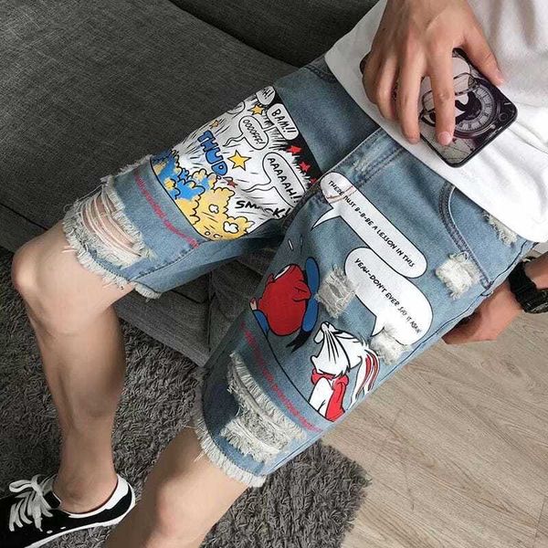 

summer style men of beggar patches denim streetwear straight biker short stretch torn jeans 9dby, Blue