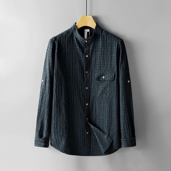 

2021 spring autumn new cotton and linen retro stand collar long-sleeved casual loose shirt for men brand chemise 2bxj, White;black