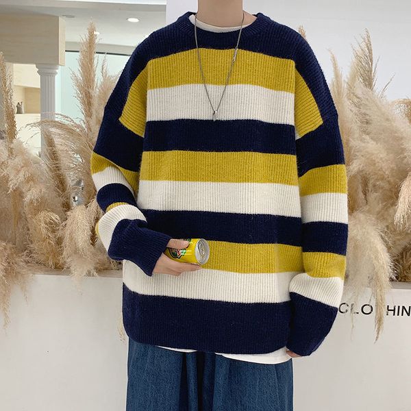 

2021 new striped sweater men's warm fashion hit color casual knitted pullover men autumn winter knitting sweaters mens clothes us6h, White;black