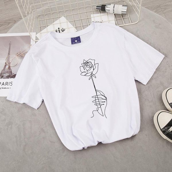 

women's t-shirt 2021 fashion summer women t shirt hand line rose short sleeve o neck casual ladies tshirt cotton tee camisetas mujer, White