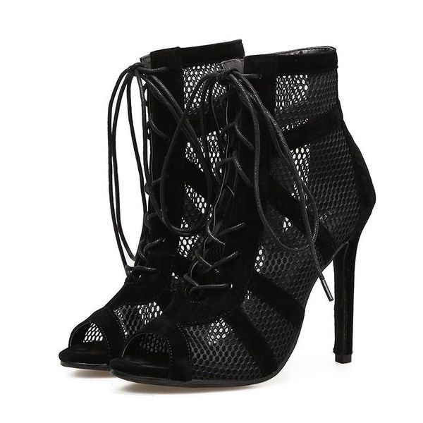 

2021 fashion black summer sandals lace up cross-tied peep toe high heel ankle strap net surface hollow out sandals