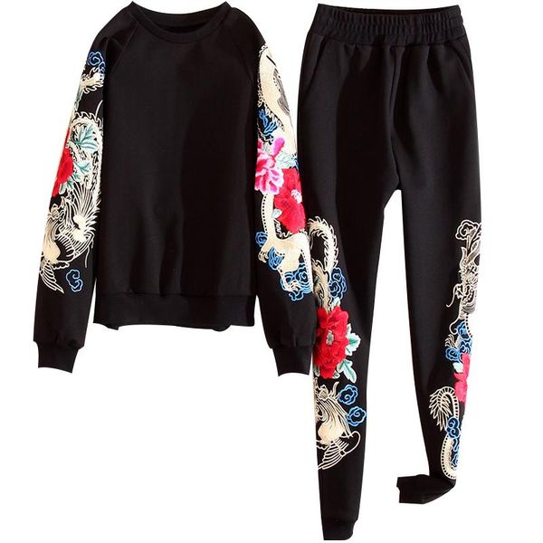 

high-end women floral women 2 pieces set vintage embroidery coat + blue pants flowers elegant lady casual suit set s-xxl, White