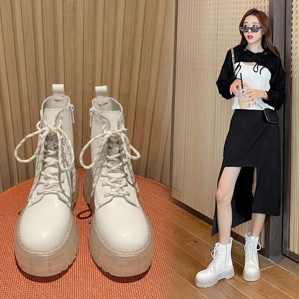 

boots korean women's cowhide version autumn short winter 2021 lace up thick bottom net red white tube, Black